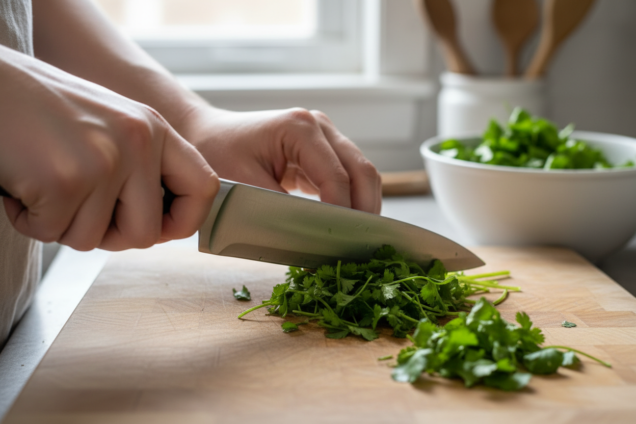 Someone cutting up garlic or cilantro
